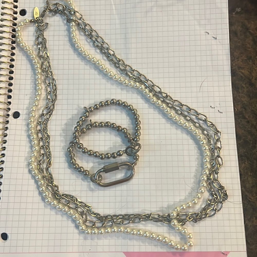 2 Silver Stretch Bracelets and Pearl Necklace SET Silver Beaded Balls - LIKE NEW